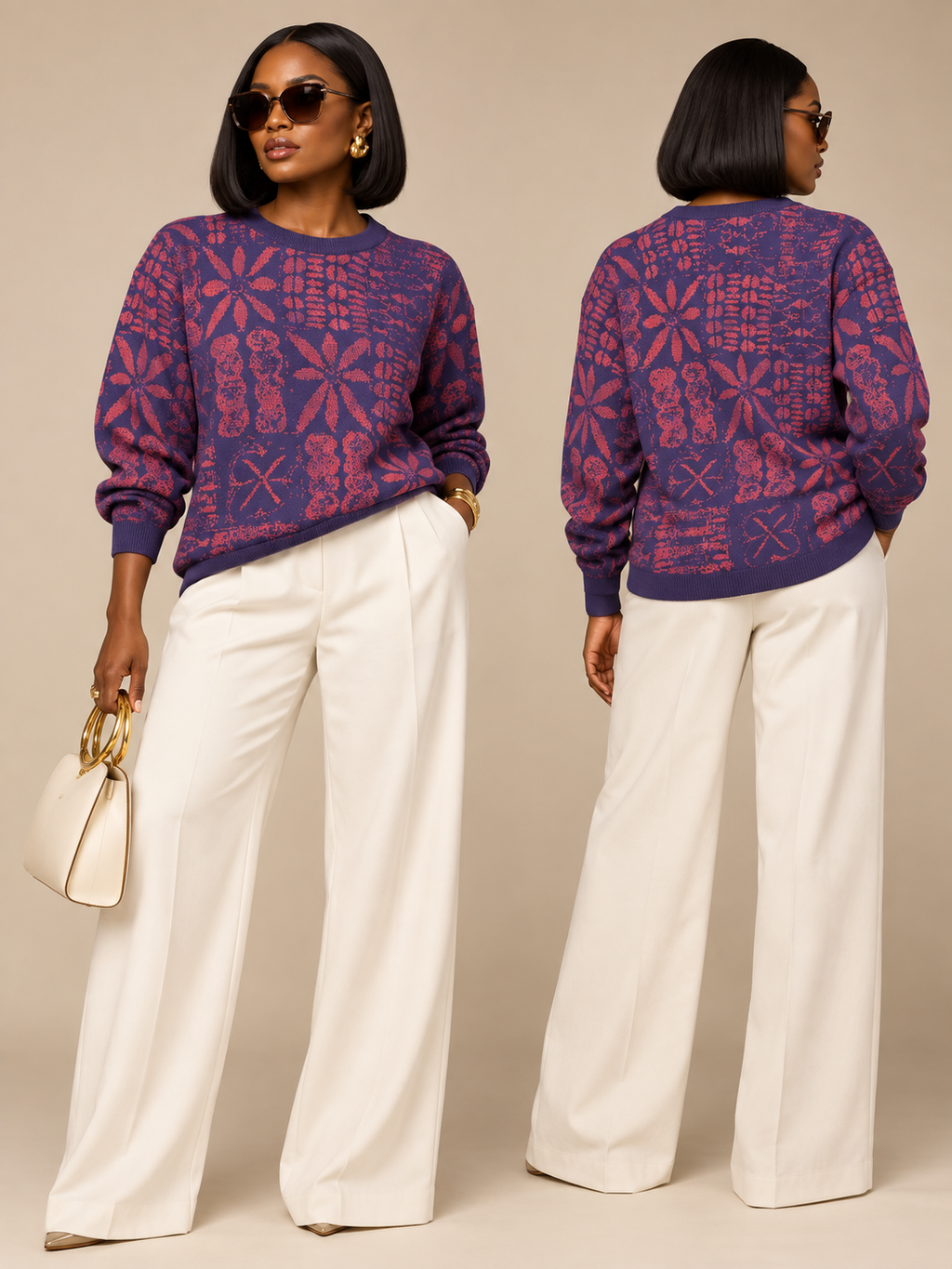 Front and back styling views of a model wearing Yelé Arewa jacquard sweater with cream wide-leg trousers