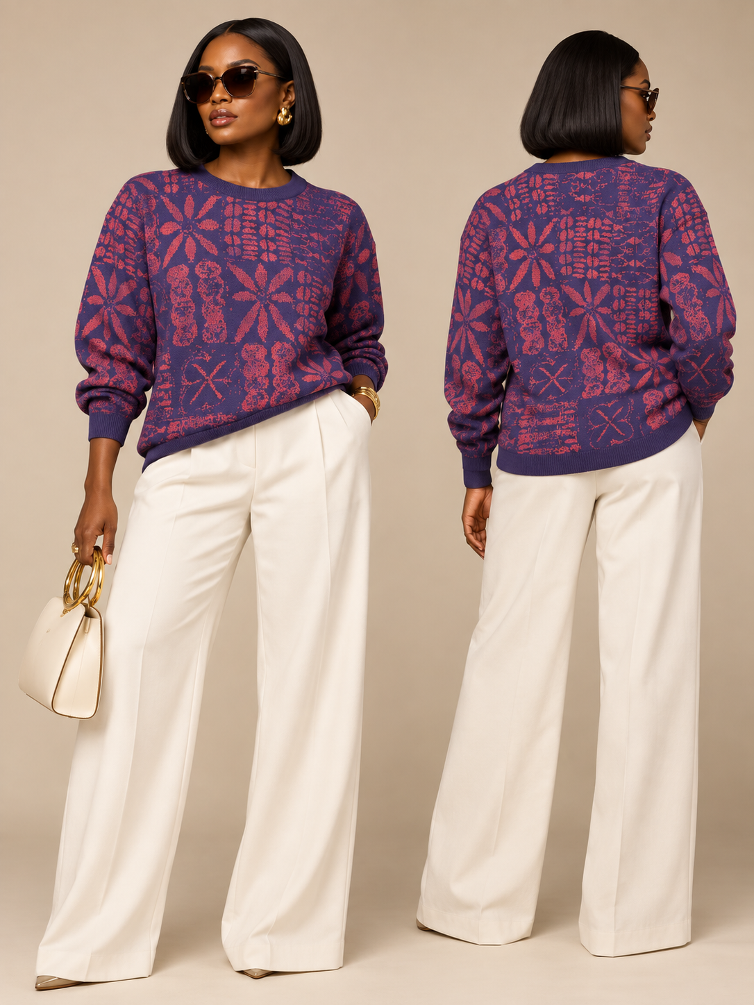 Front and back styling views of a model wearing Yelé Arewa jacquard sweater with cream wide-leg trousers