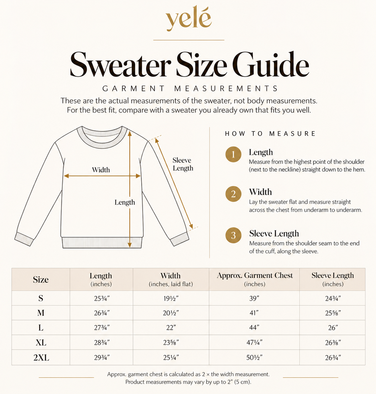 Sweater size guide chart for a long-sleeve crewneck sweater, showing a line drawing of the garment with labeled measurements, plus a measurement instructions panel and a size table from S to XL.