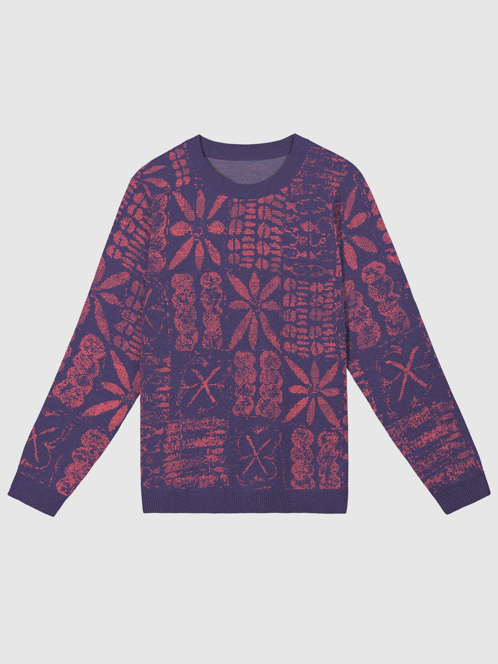 Front view of Yelé Arewa jacquard crewneck sweater in plum with burgundy motifs and ribbed trim.