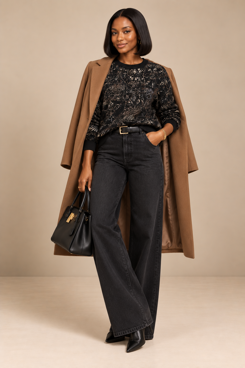 A woman models a stylish outfit featuring a black African print yele long-sleeve top, black wide-leg jeans, a black belt, black pointed-toe boots, a camel brown open-front coat, and a black handbag with gold hardware, set against a solid beige studio background.