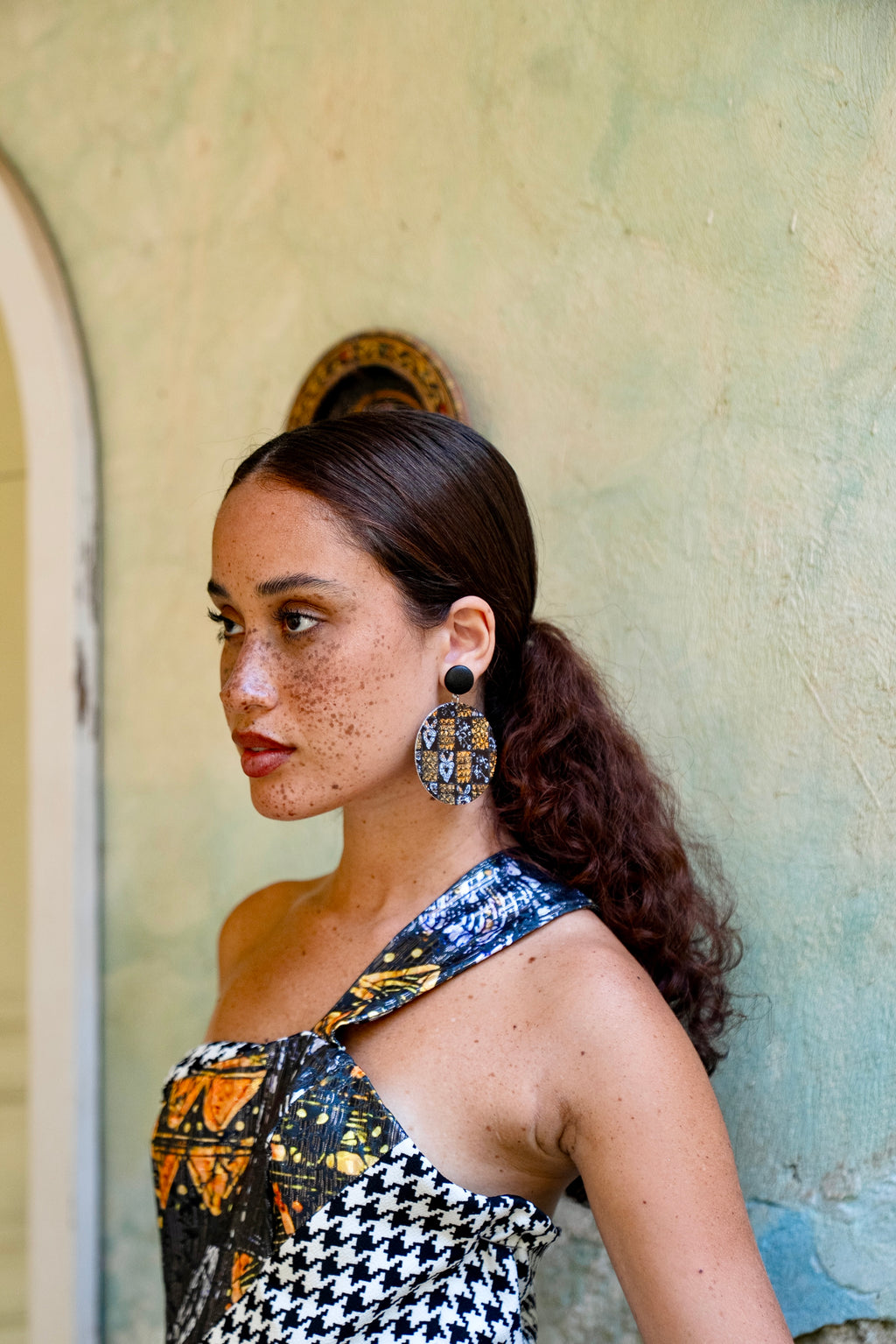 Yelé Houndstooth & Unity Print One-Shoulder Dress | African Print Midi Dress