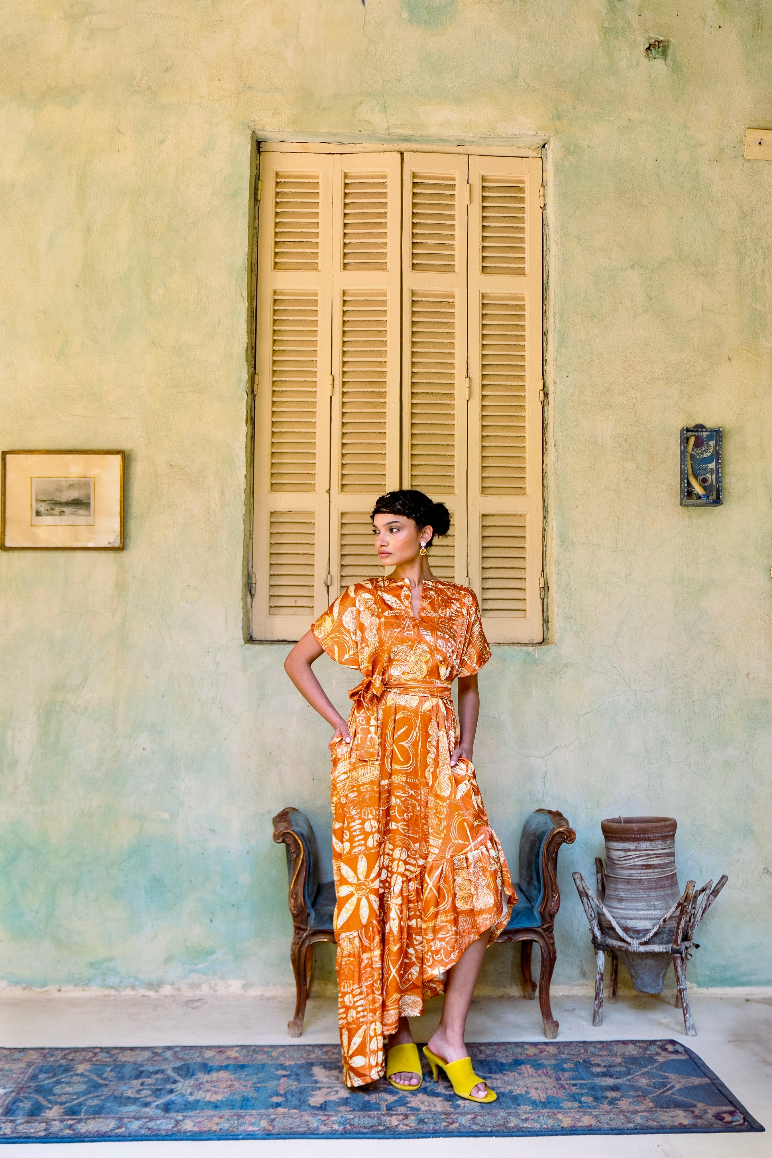 Cocktail Midi Dress – Statement African Print Asymmetrical Brocade Dress by Yelé