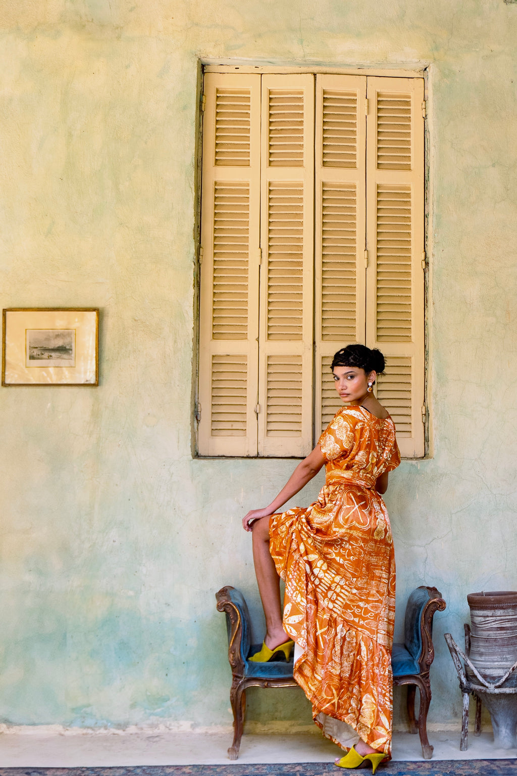 Arewa Print Asymmetrical Dress | African Print Brocade Maxi Dress with High-Low Hem