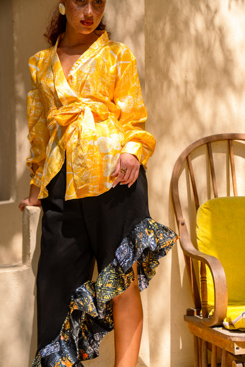 African Print Cowl-Back Blouse & Wide-Leg Pants Set