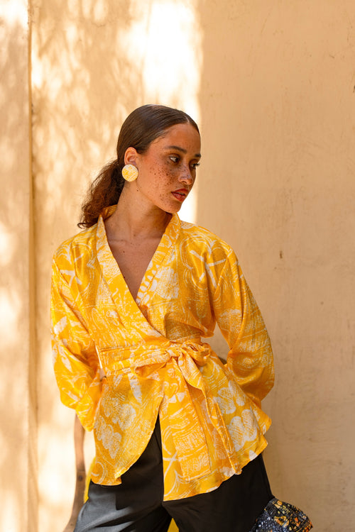 Arewa African Print Wrap Top | Cowl Neck Brocade Blouse