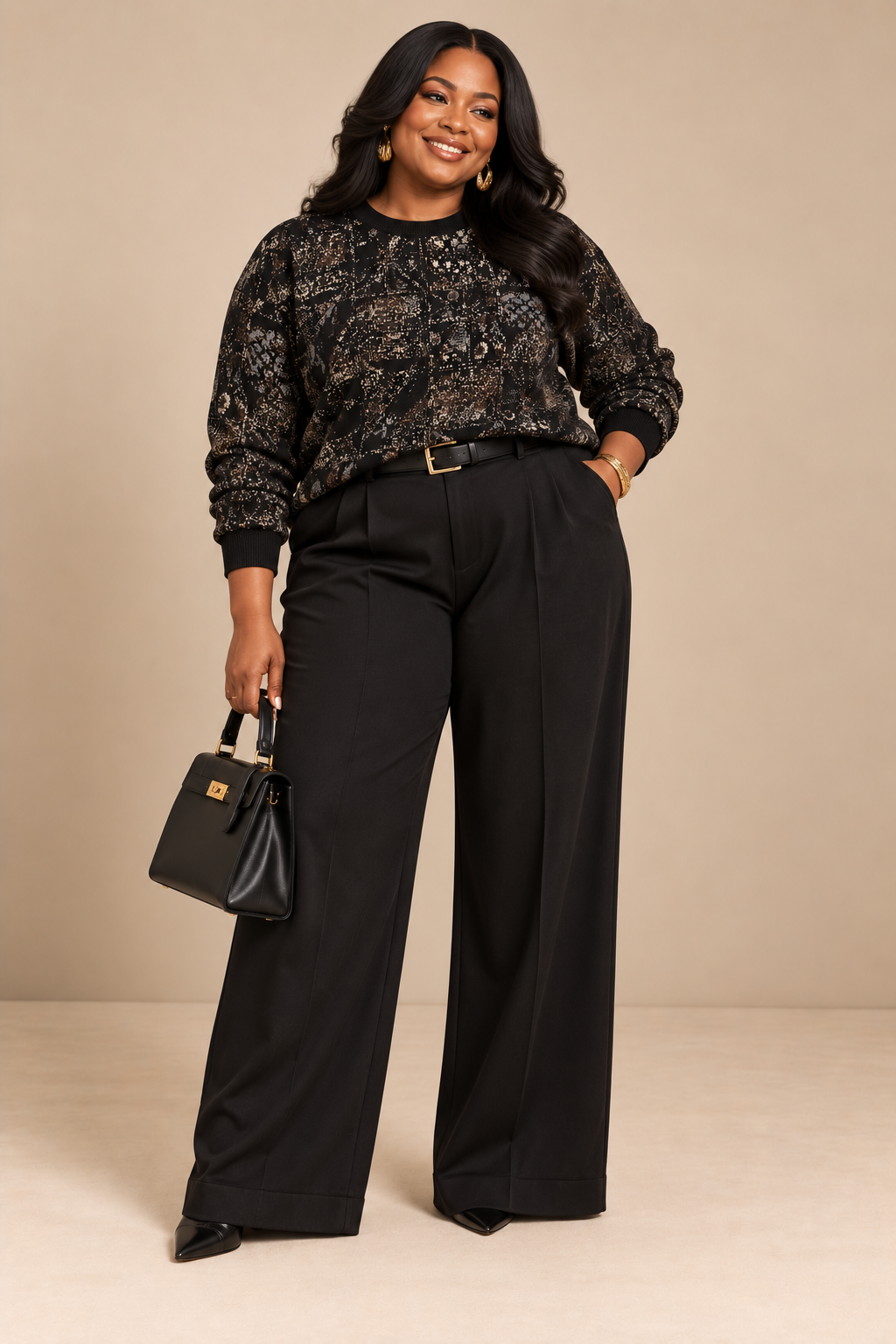 A plus size model in  a black long-sleeve sweater African print top with black wide-leg trousers, holding a small black handbag.