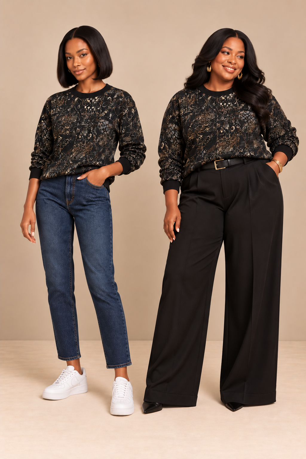 Two models wearing Yelé Festivity jacquard sweater, styled with blue jeans and black tailored trousers.