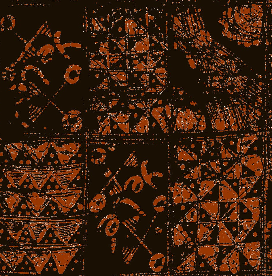 Patterned African print fabric with geometric designs in orange on a dark background, Yele exclusive unity print