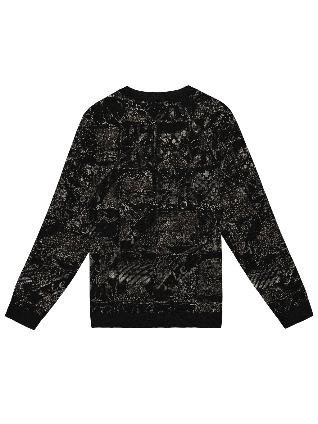 Back view of Yelé Festivity jacquard crewneck sweater with dark neutral motifs and solid ribbed trim
