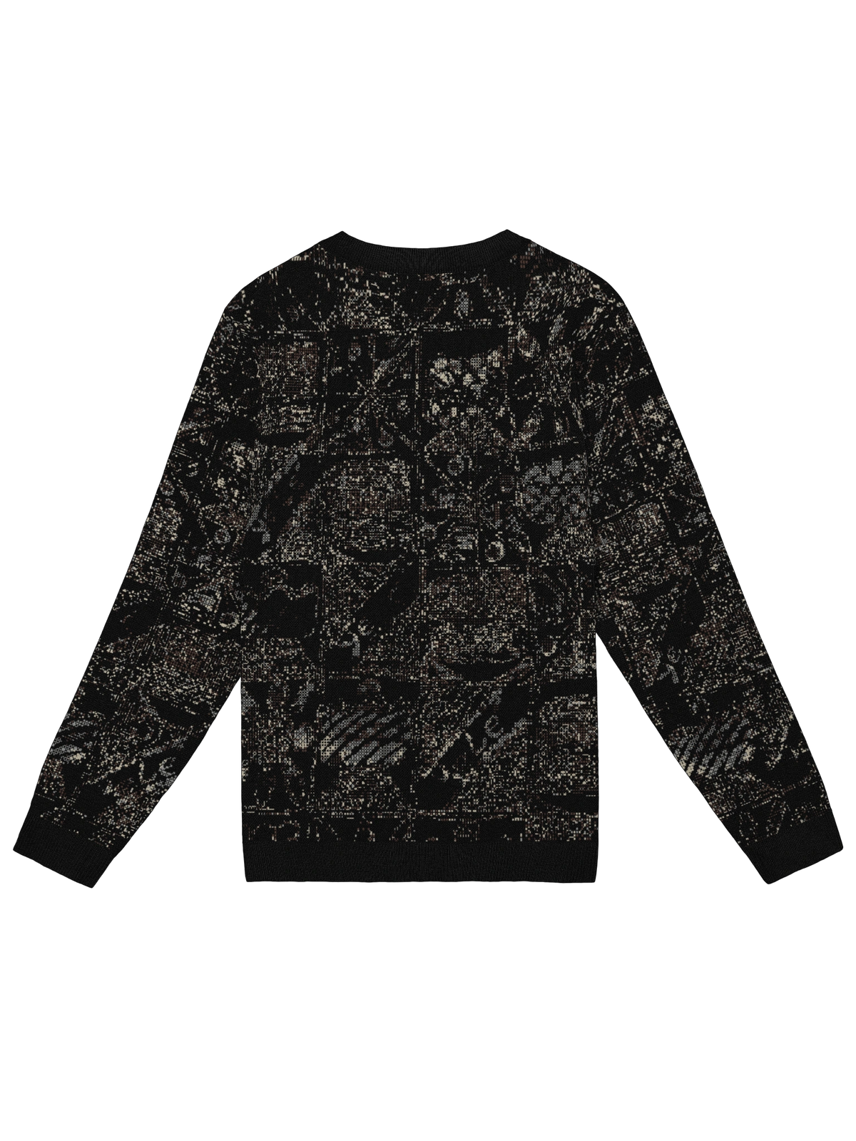 Back view of Yelé Festivity jacquard crewneck sweater with dark neutral motifs and solid ribbed trim
