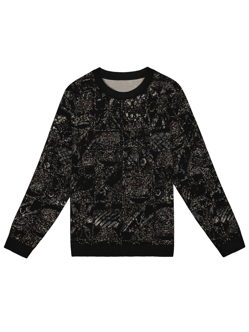 FRONT view of Yelé Festivity jacquard crewneck sweater with dark neutral motifs and solid ribbed trim