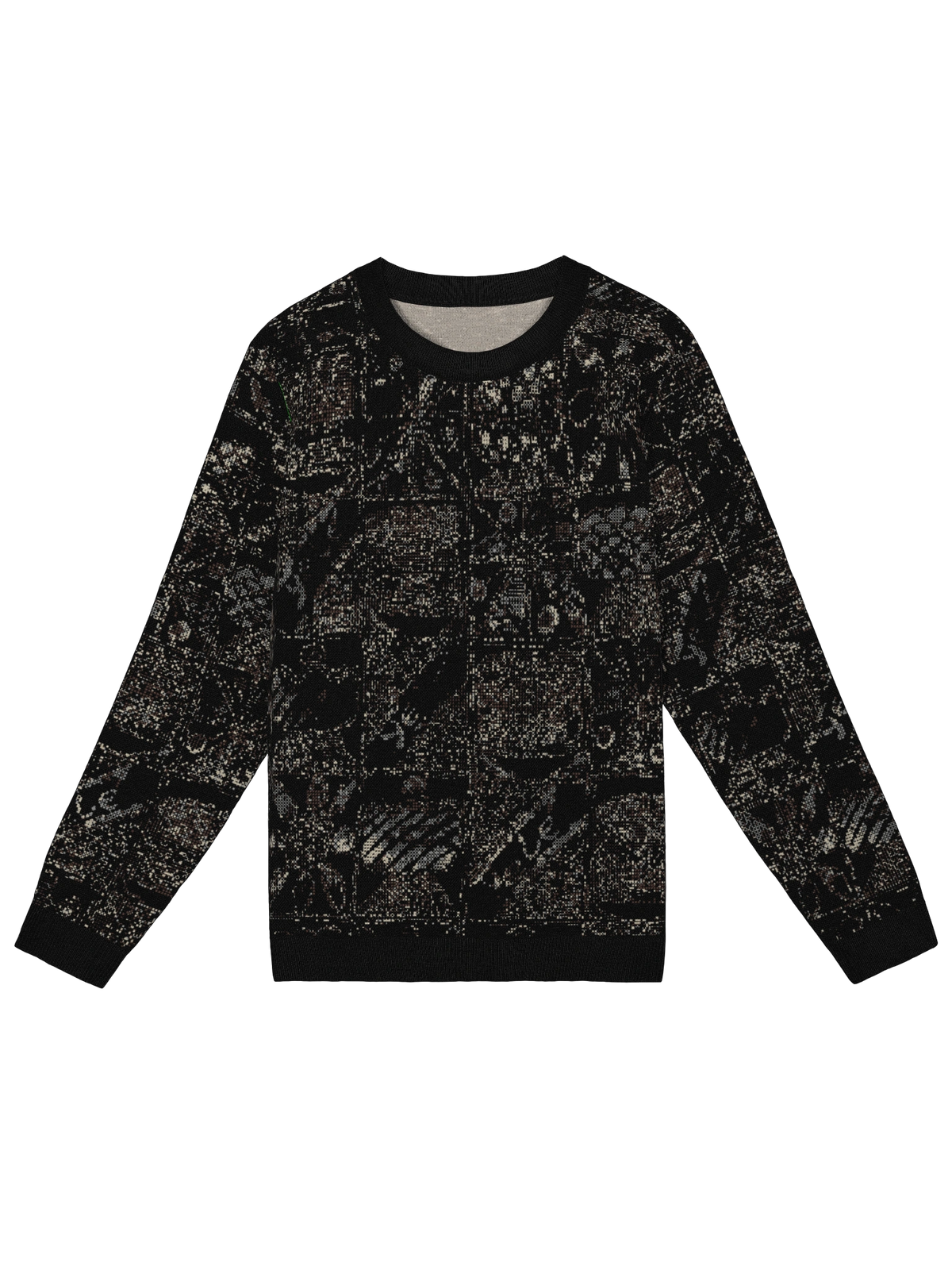 FRONT view of Yelé Festivity jacquard crewneck sweater with dark neutral motifs and solid ribbed trim