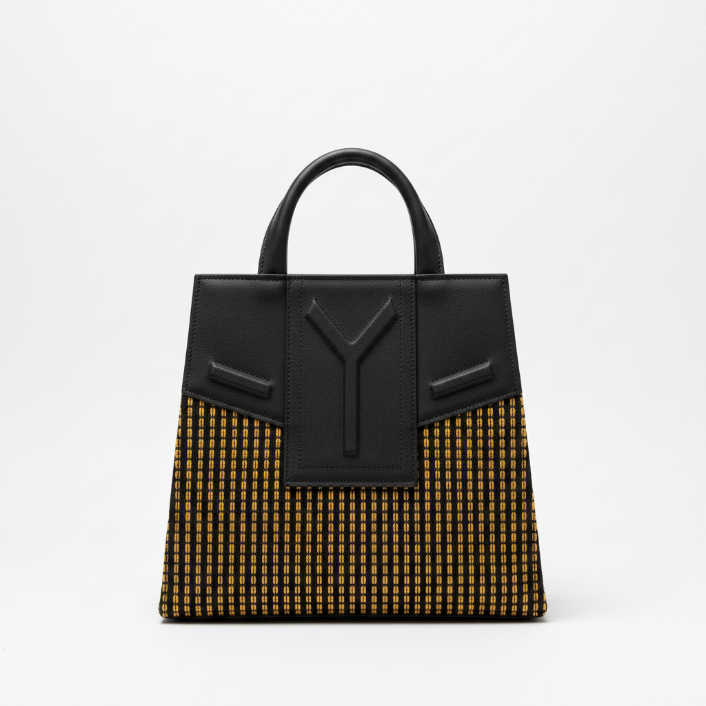 Luxury Asooke tote bag with gold woven panels and black leather trim on white background