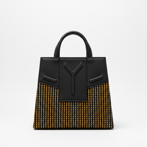 Luxury Asooke tote bag with gold woven panels and black leather trim on white background