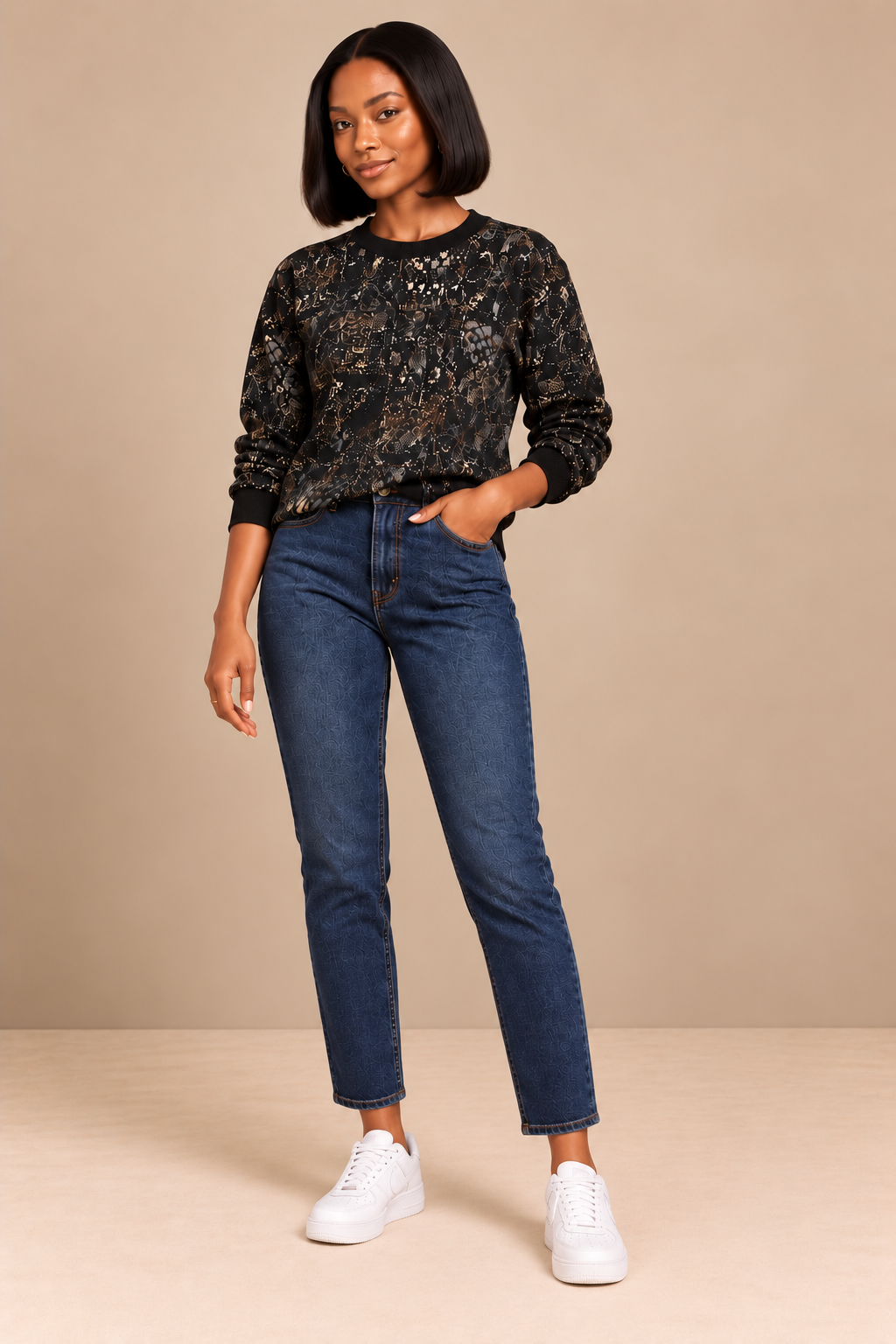 A woman modeling a black long-sleeve african print sweater top, dark blue cropped jeans, and white sneakers