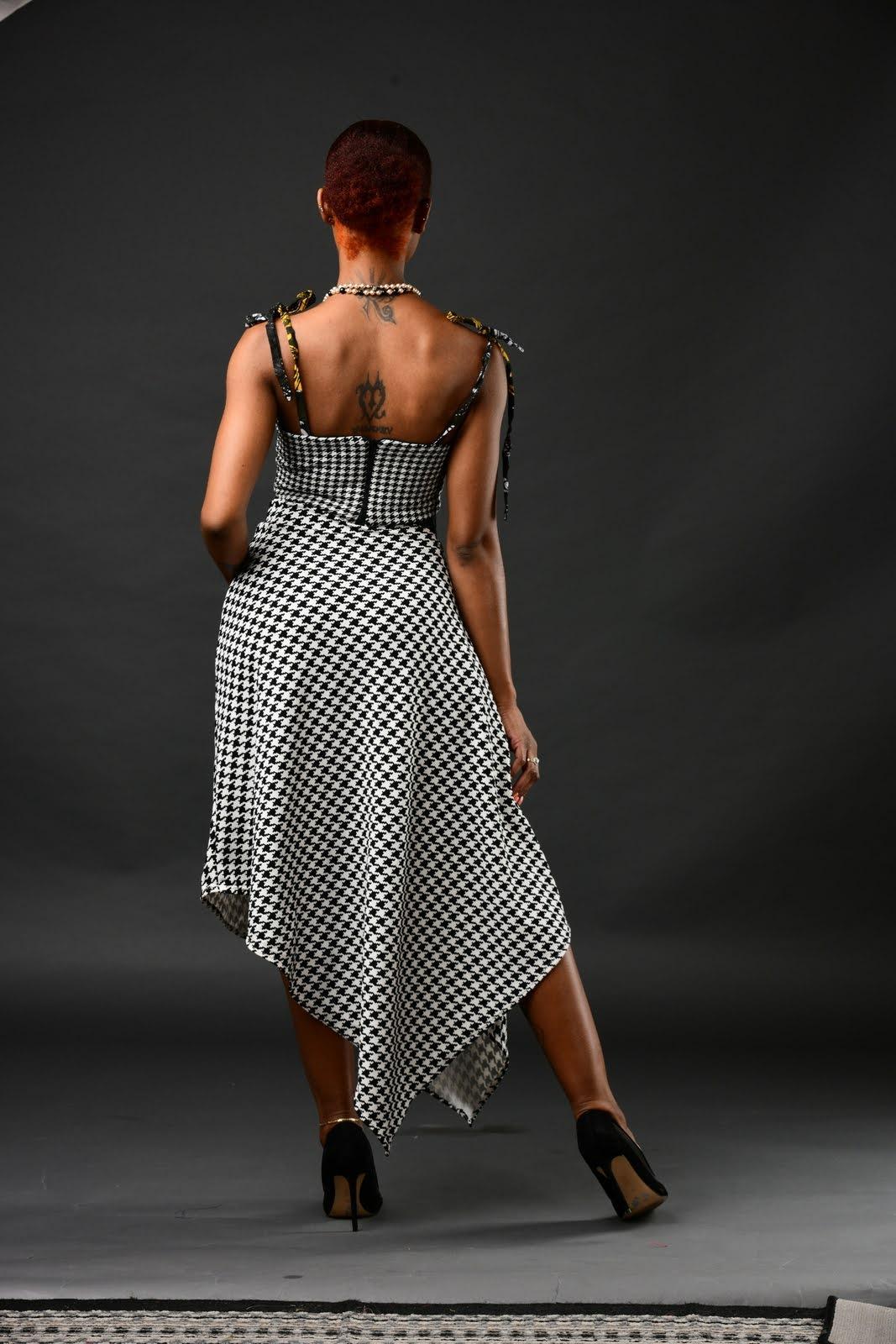 Elegant Houndstooth Bustier Set with Adire Accents - Luxury African Print  Clothing