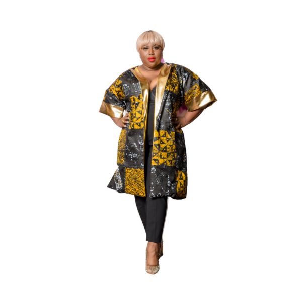 Our gold jacket short kimono, is made from gold satin fabric, and completely mixed with out Unity African print Adire fabric. This is a beautiful jacket that can be worn as an overall, with a trouser or skirt, depending on how you want it. The unity kimono jacket is a wear to spice up your dressing.