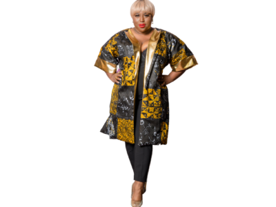 Model is wearing a kimono jacket, made from an African print Adire and a satin material.
