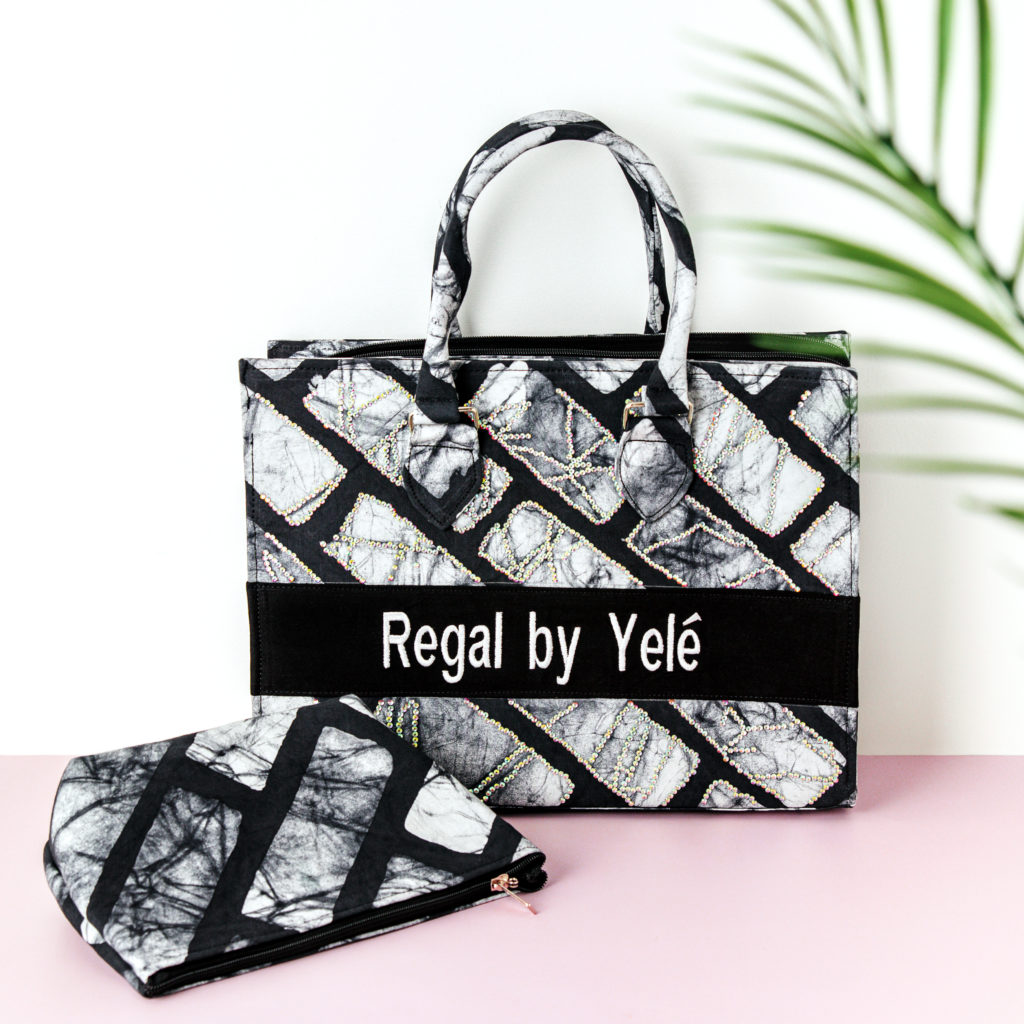 Black & White Adire Tote Bag with Rhinestone Accents and Complementary Purse
