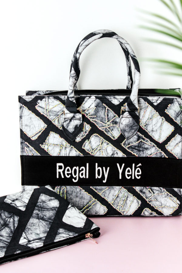 Black & White Adire Tote Bag with Rhinestone Accents and Complementary Purse