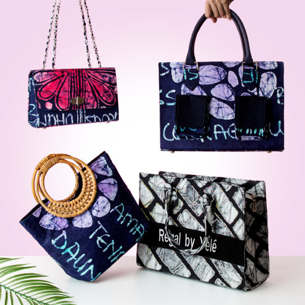 Group shot of Yele LLC's luxury Adire bags in purple, pink, black and white, featuring various styles and designs.