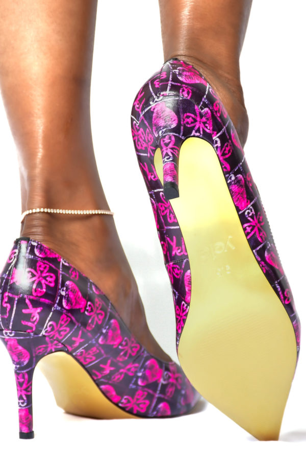 adinkra print pink and black shoes with gold comfortable sole and heels