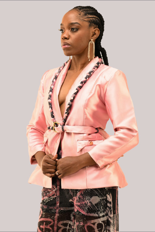Yele LLC's Pink Mikado Jacket with sequined Adire print detailing and detachable belt for a versatile, powerful look.