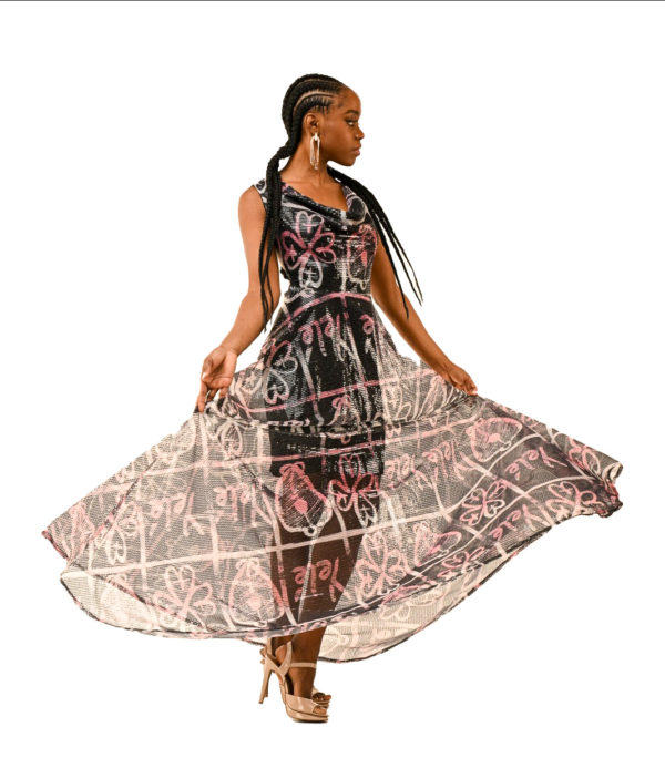 Make a statement at your next gala with Yele's Adire Symbol Open-Back Dress, featuring a cowl neckline, braided back, and Adinkra symbolism. Perfect for those who cherish luxury with cultural depth.