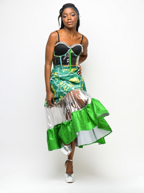 Vibrant African print skirt with futuristic tulle detail and glitter trim
