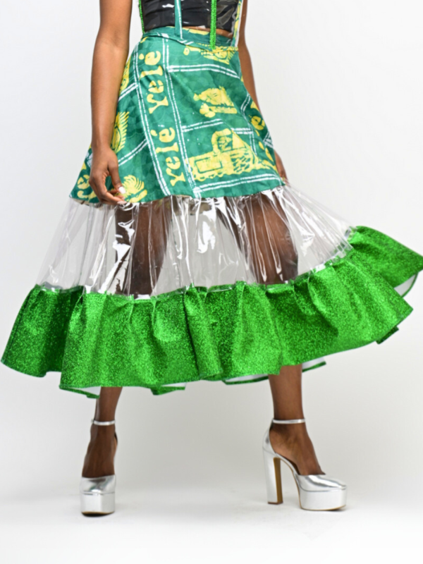 Afrofuturistic skirt with green African print and tulle overlay