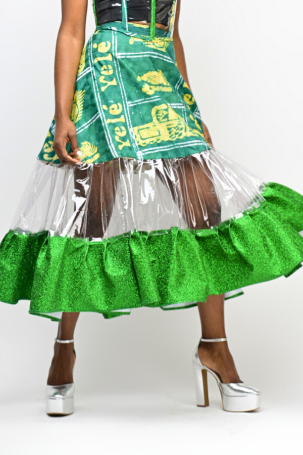 Afrofuturistic skirt with green African print and tulle overlay