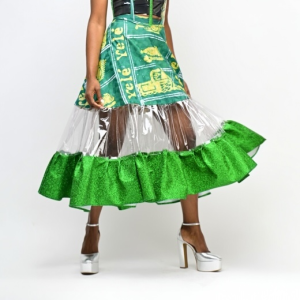Afrofuturistic Glitter-Trimmed Skirt with African Print and PVC