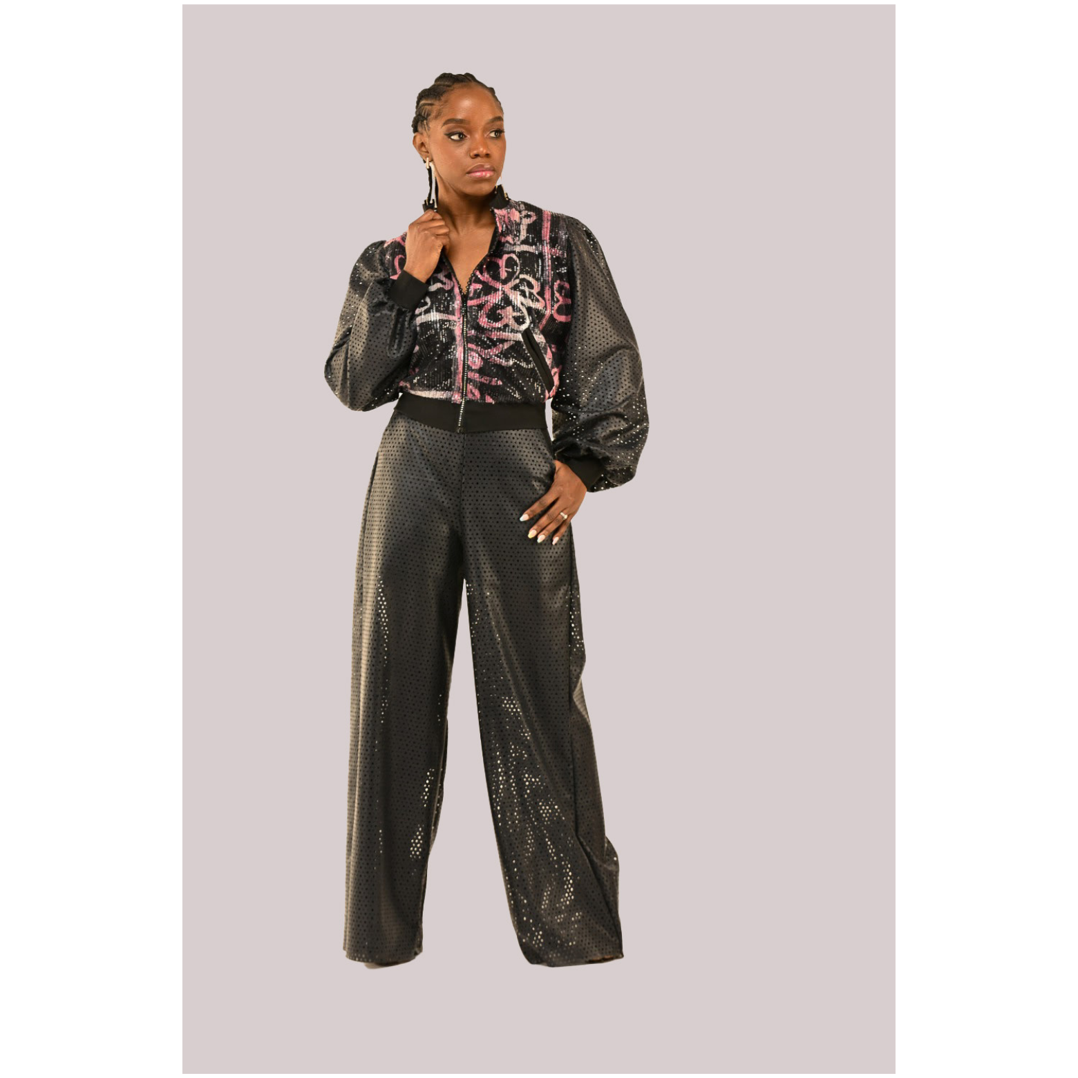 Open-Back Sequin Bomber Jacket & Vegan Leather Pants