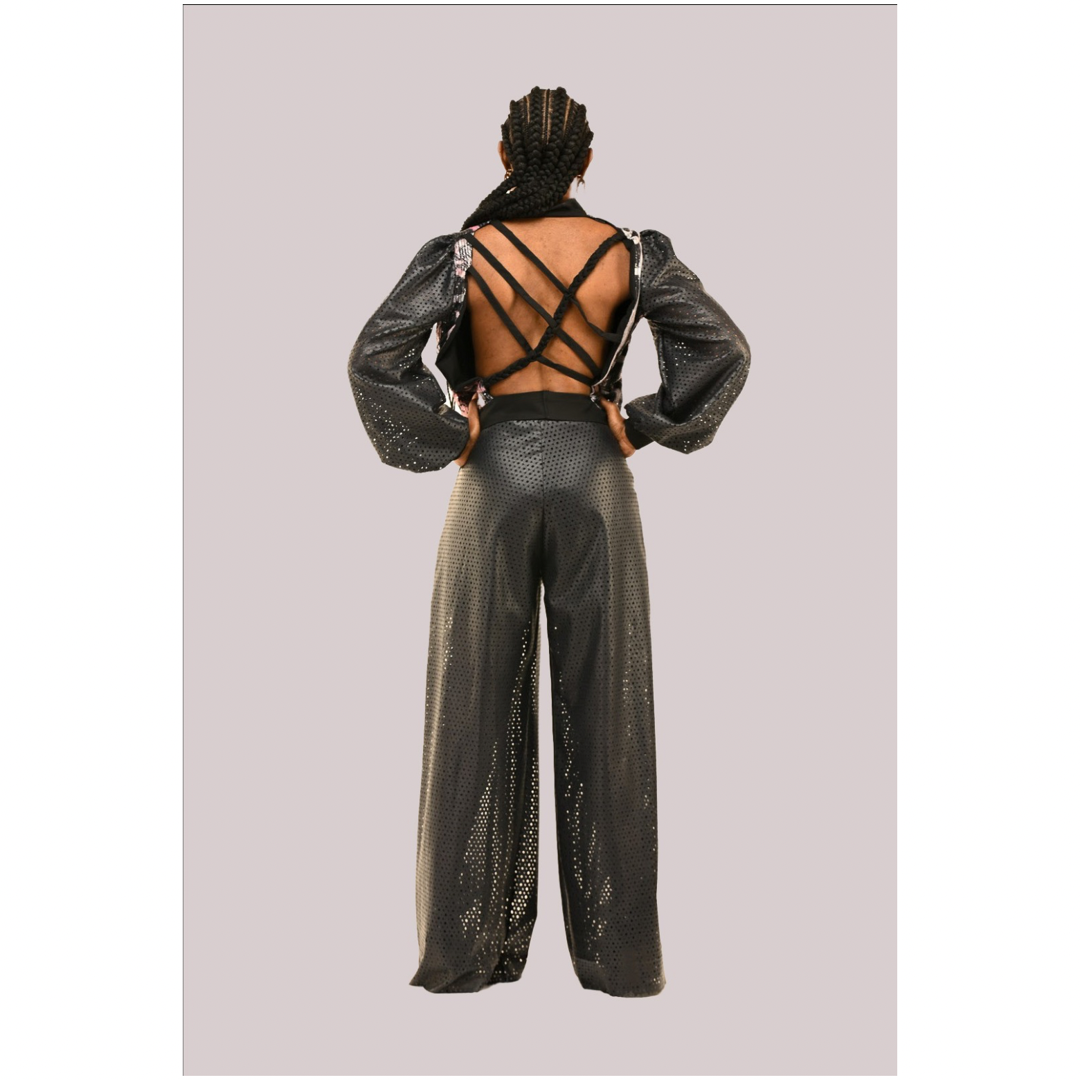 Open-Back Sequin Bomber Jacket & Vegan Leather Pants