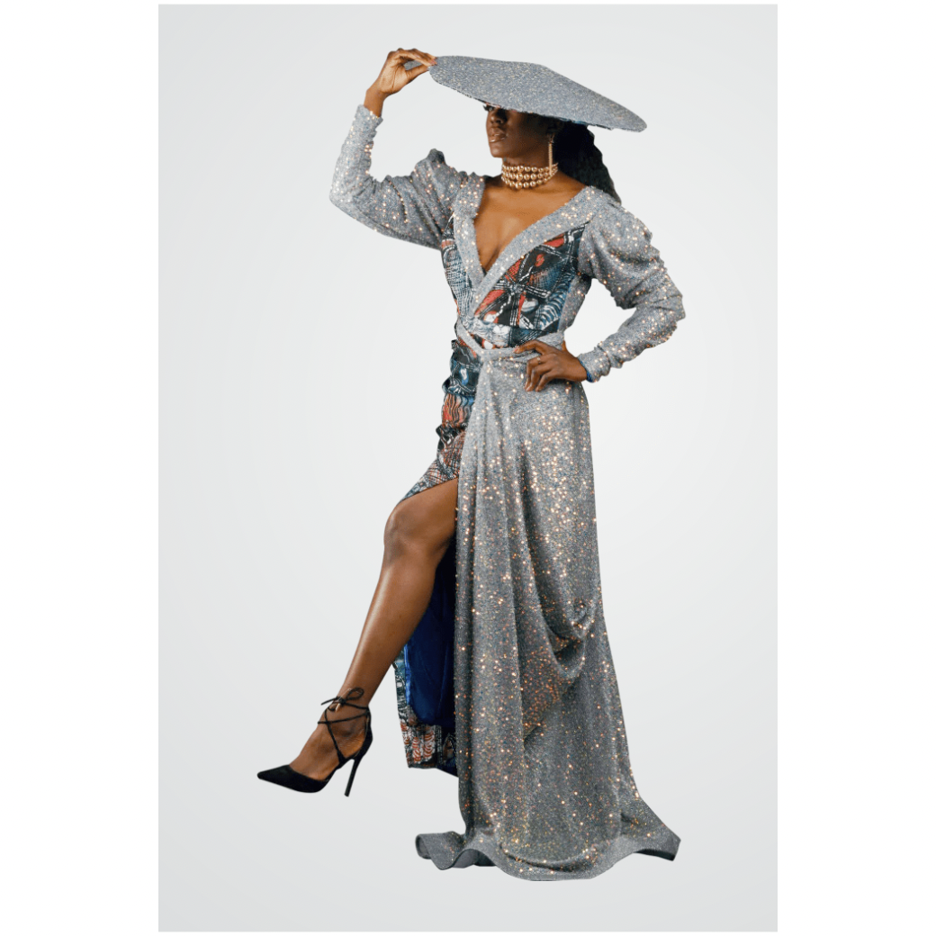 Adire Elegance: Afrofuturistic Sequined Evening Gown