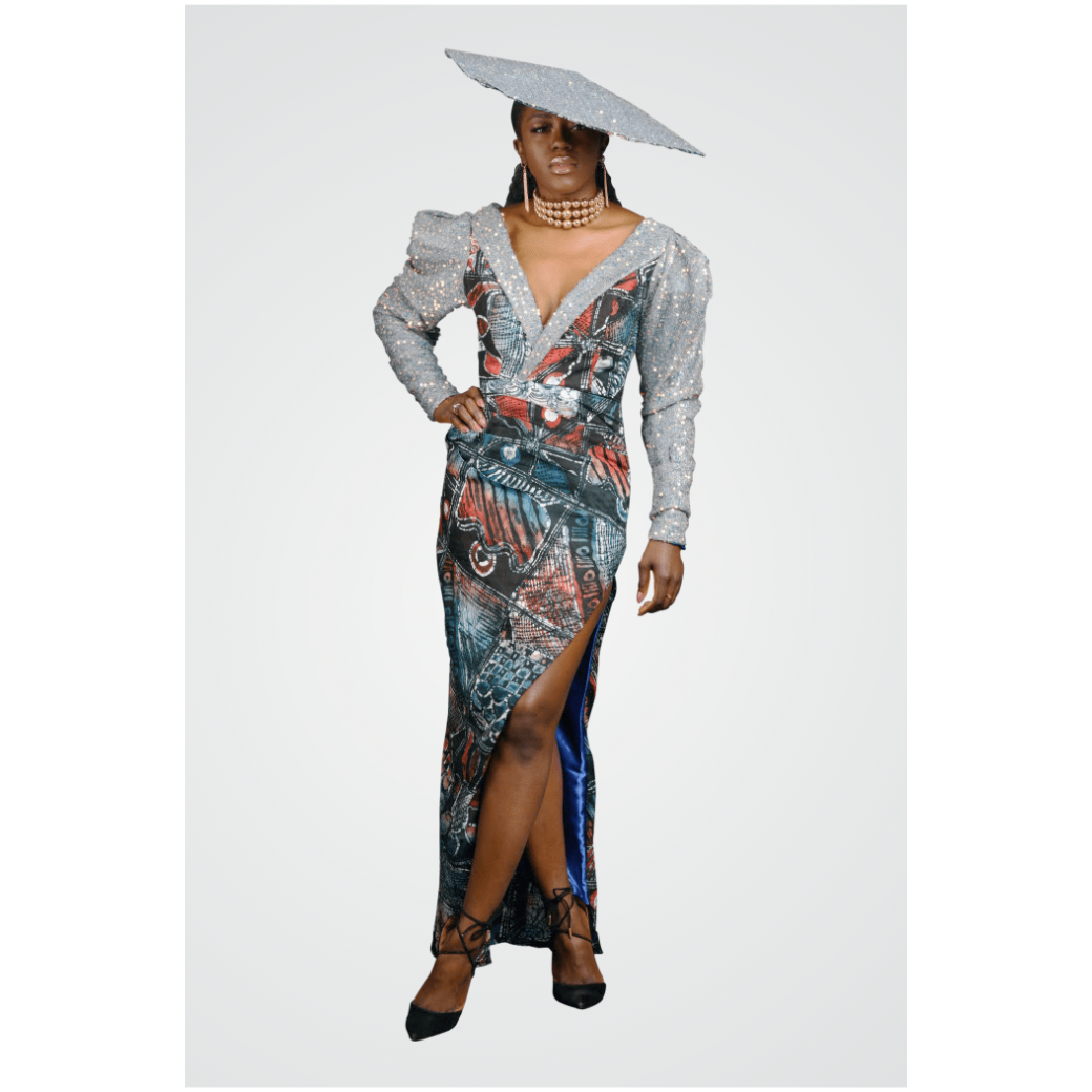 Adire Elegance: Afrofuturistic Sequined Evening Gown