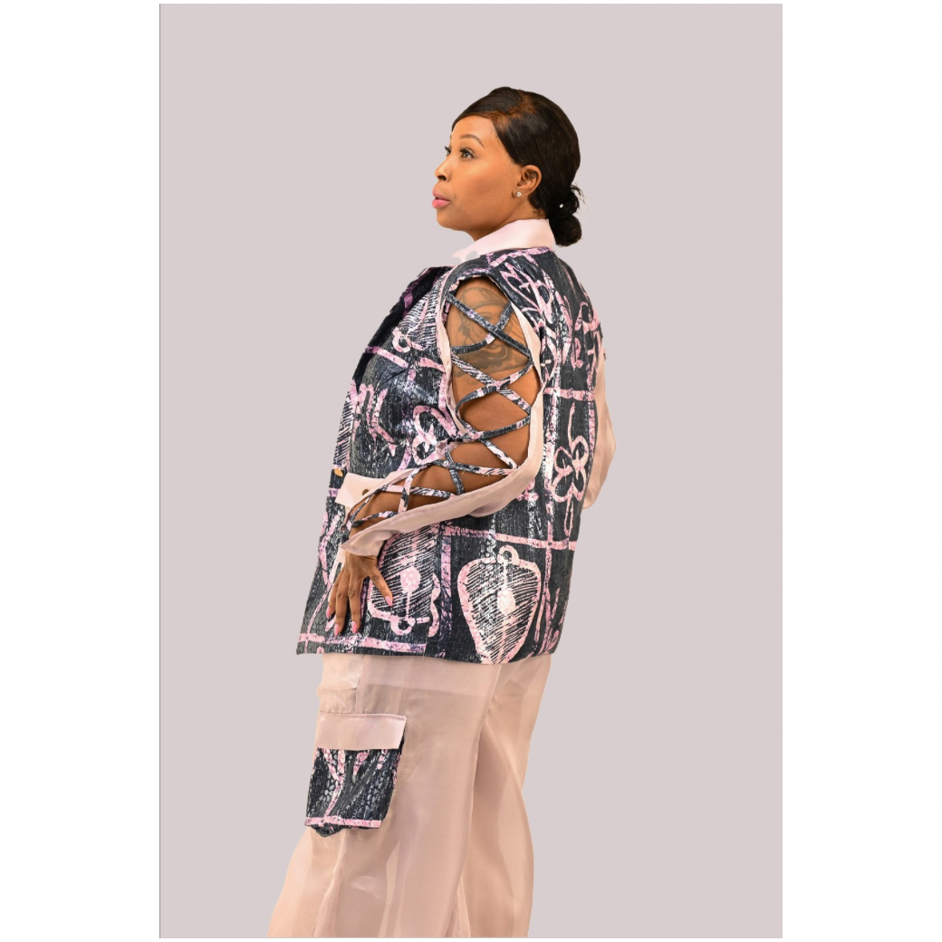 Navy Blue Brocade Adire Pant Suit with Lavender Organza | Yele's Power of Love Collection