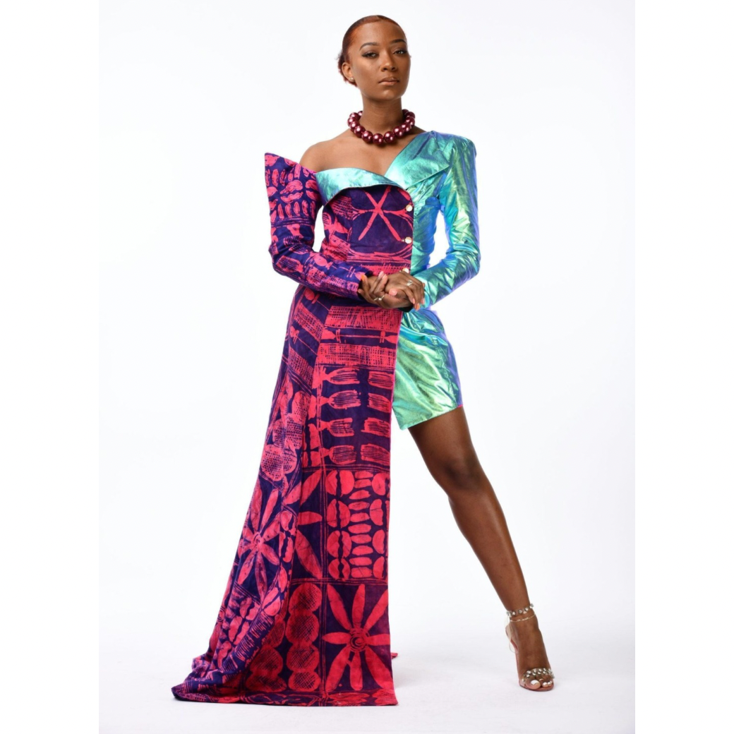 Asymmetrical Beauty Print Adire & Iridescent Fusion Gown