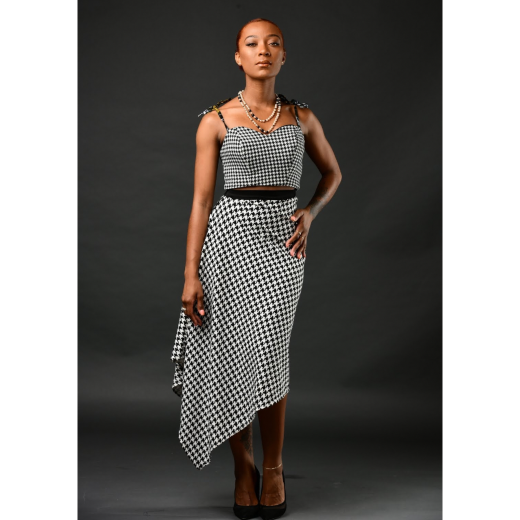Elegant Houndstooth Bustier Set with Adire Accents