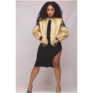 Luxurious Gold Vegan Leather Bomber Jacket with Adire Print | Yele Fashion