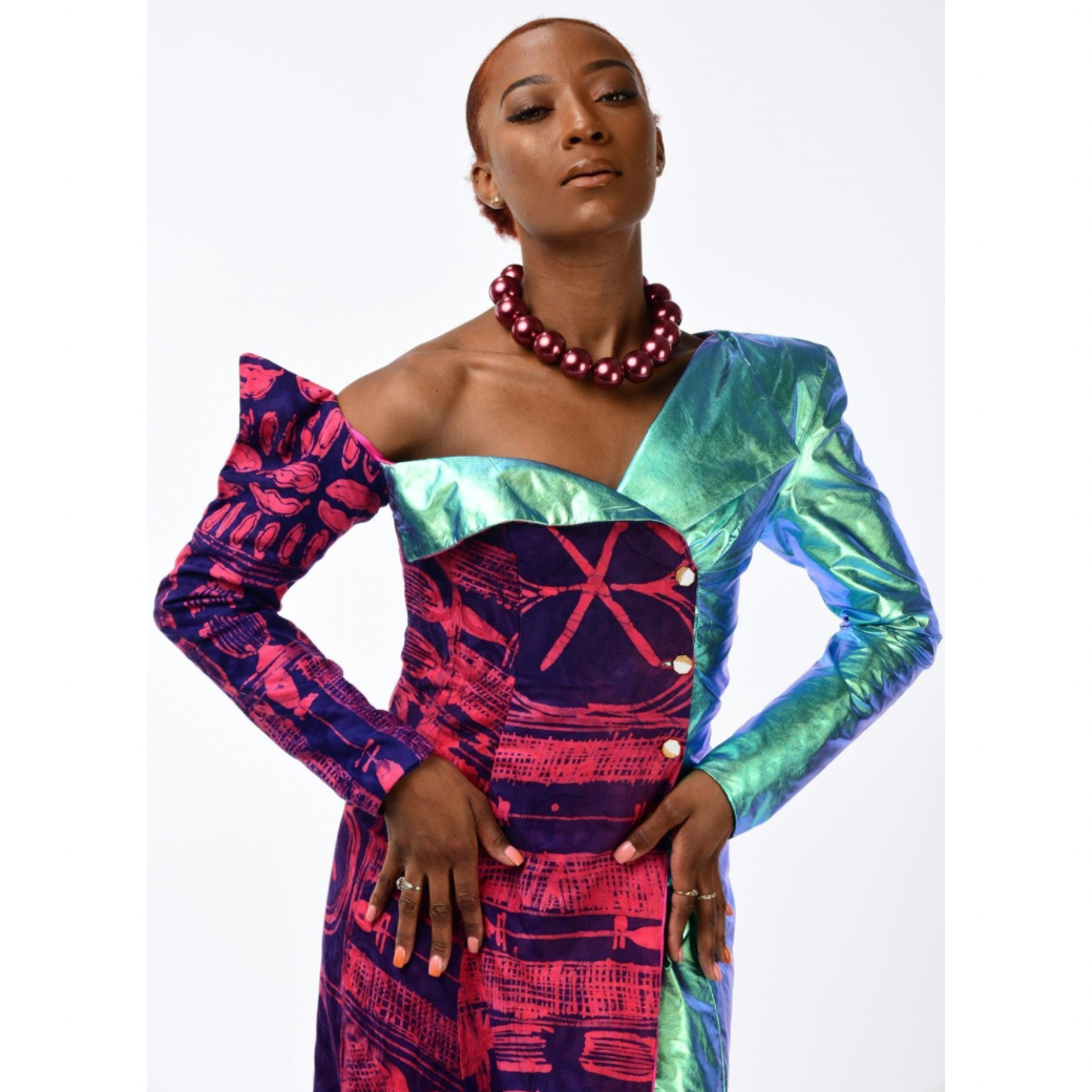 Asymmetrical Beauty Print Adire & Iridescent Fusion Gown