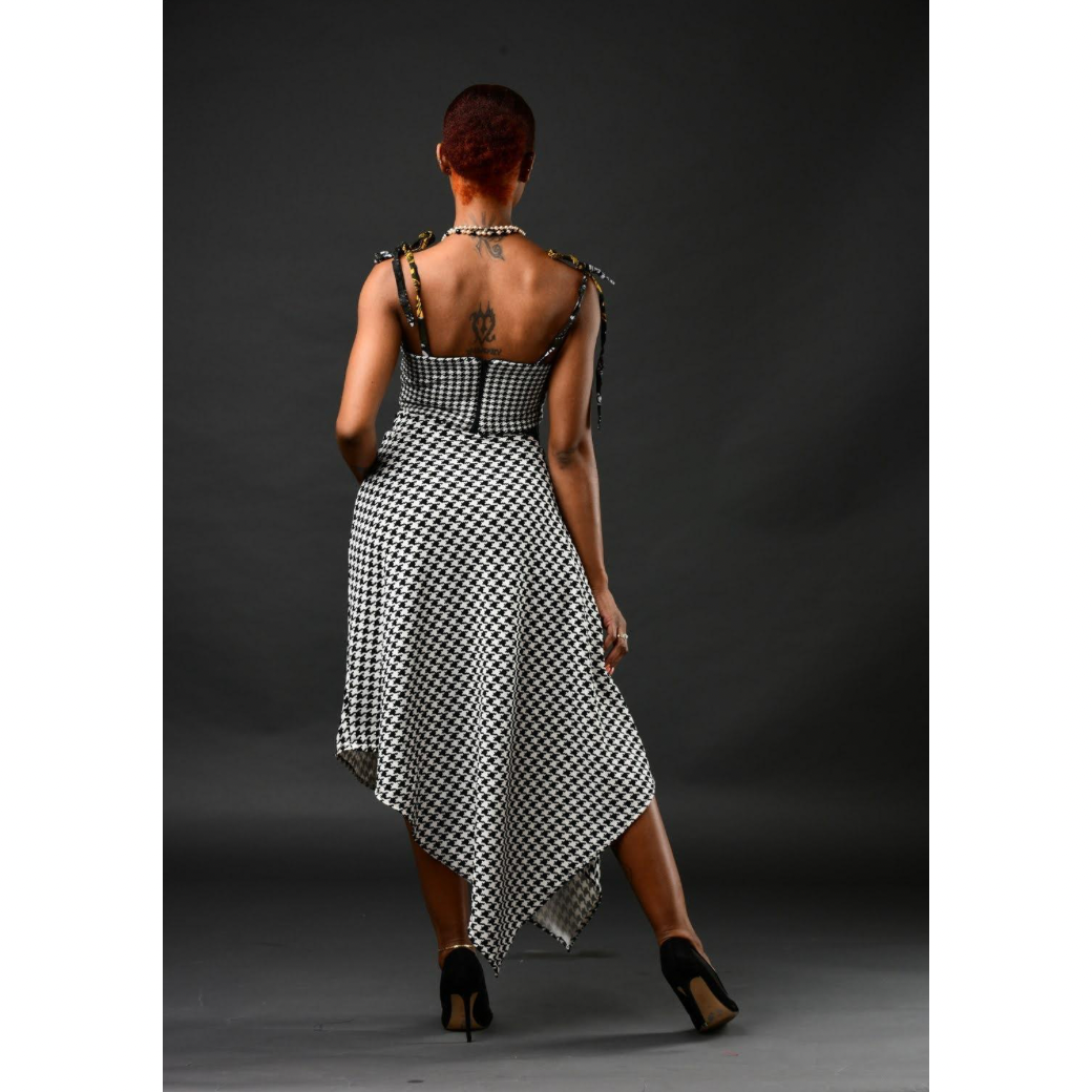 Elegant Houndstooth Bustier Set with Adire Accents