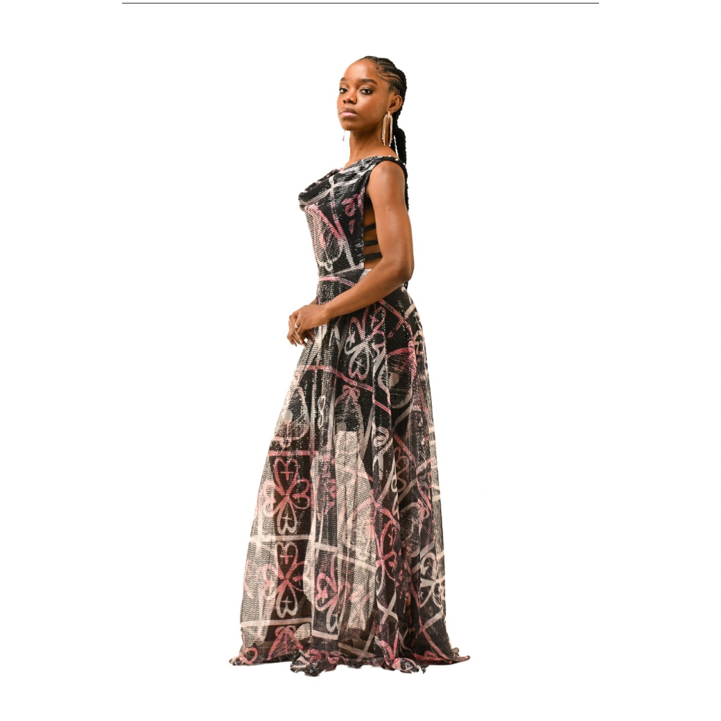 Luxury Adire-Inspired Open-Back Gala Dress with Adinkra Symbols