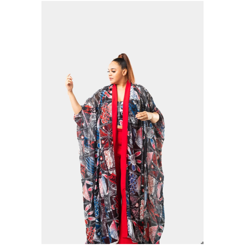 Yelé African Print Three-Piece Kimono, Corset and Wide Leg Pants