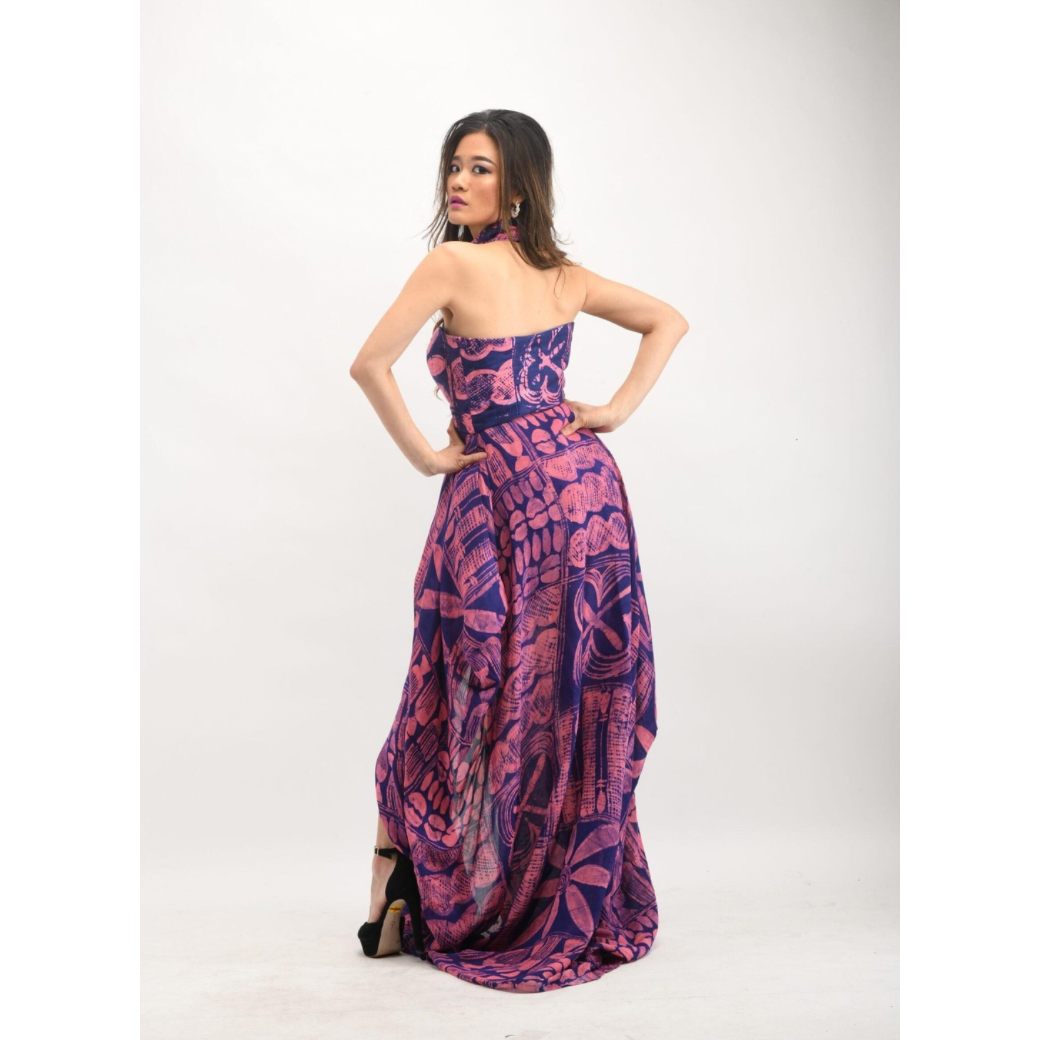 The "Abike" Beauty Print Adire Crepe Dress with Slit and Collar Detail