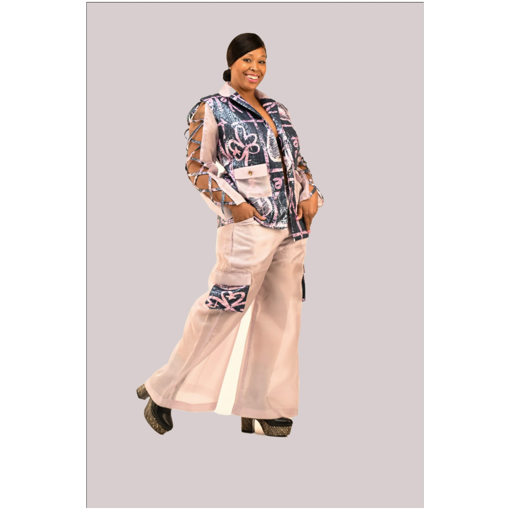 Navy Blue Brocade Adire Pant Suit with Lavender Organza | Yele's Power of Love Collection