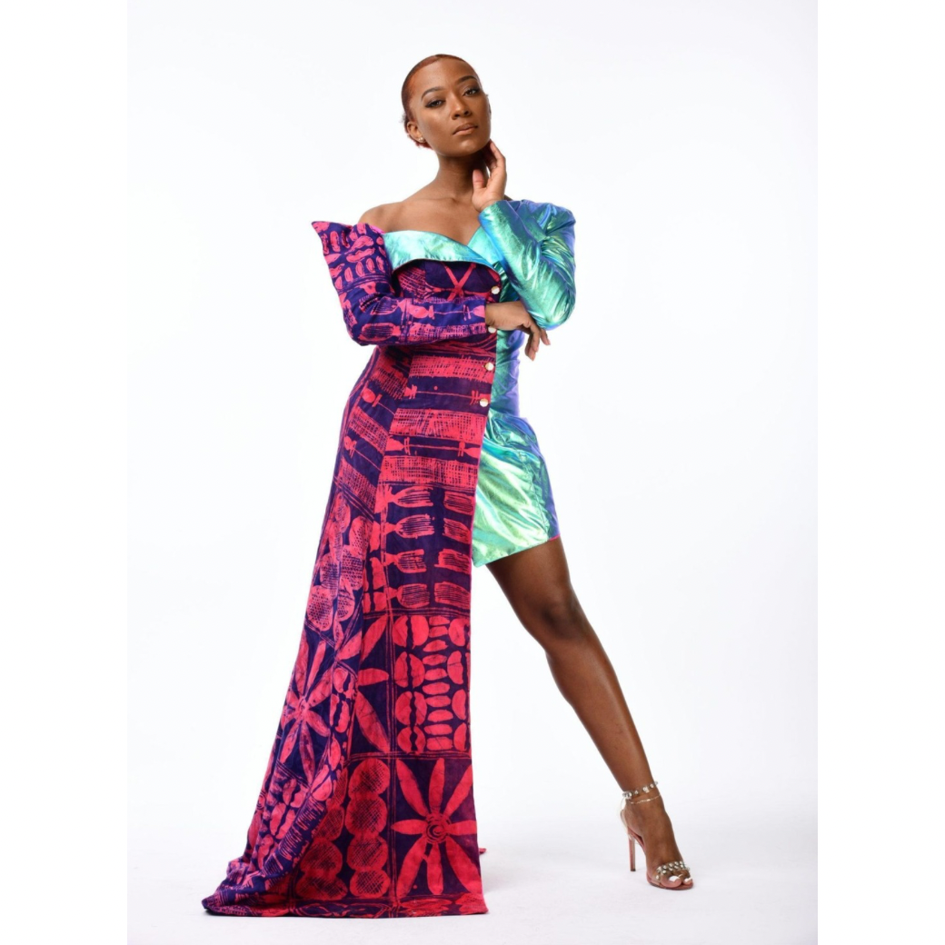 Asymmetrical Beauty Print Adire & Iridescent Fusion Gown