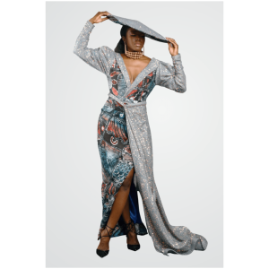 Adire Elegance: Afrofuturistic Sequined Evening Gown