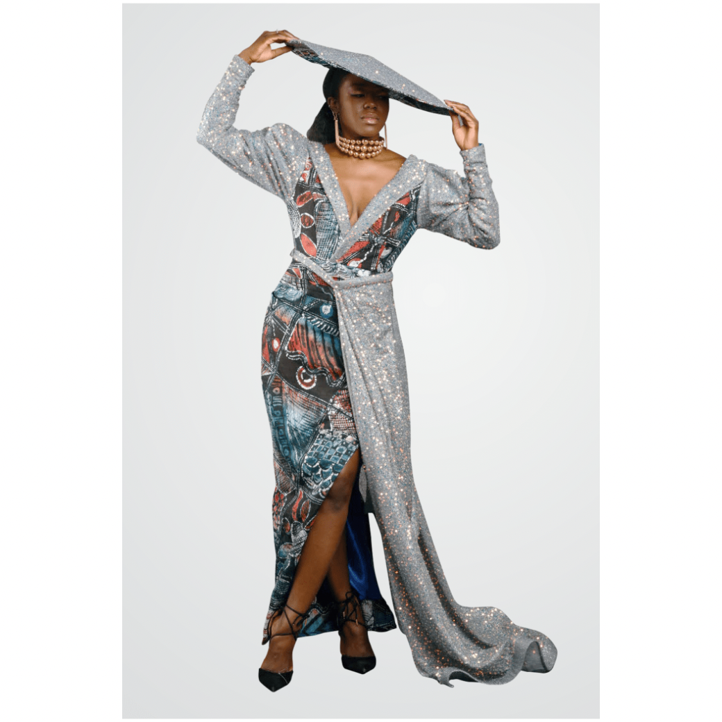 Adire Elegance: Afrofuturistic Sequined Evening Gown